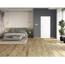 Chambre moderne avec lit double, plancher en bois et porte blanche
