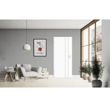 Wohnzimmer mit weißer Innentür, Sessel und Fenster