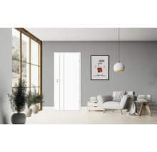 Moderner Wohnraum mit weißer Innentür, Sessel und Dekoration