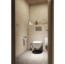 Salle de bain moderne avec WC suspendu, brosse de toilette, porte-papier toilette et étagère