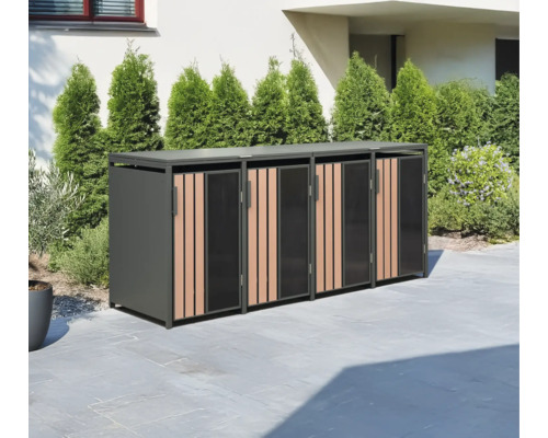 Mülltonnenbox aus Metall und Holz für drei Mülltonnen im Garten