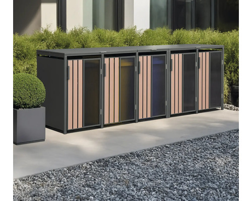 Mülltonnenbox mit mehreren Fächern zur Mülltrennung im Aussenbereich.