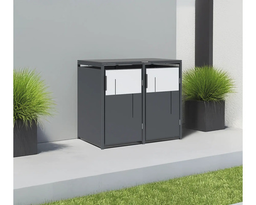 Mülltonnenbox für zwei Mülltonnen mit weißen Akzenten