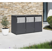 Drei graue Mülltonnenboxen mit Pflanze im Topf