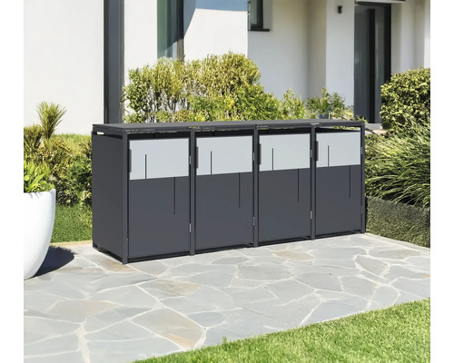 Mülltonnenbox für vier Mülltonnen auf einer Terrasse