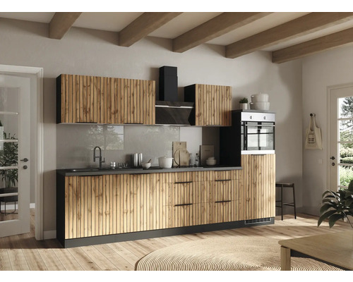 Cuisine complète avec appareils Held Möbel Trient 300 cm chêne mat démontée variante réversible 1107.6356 Cuisine lumineuse avec armoires de cuisine aspect bois, hotte aspirante et évier.