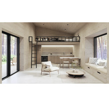 Innenraum mit Holzwänden, Kochnische, Sitzecke und Schlafkoje