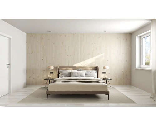 Schlafzimmer mit Doppelbett, Nachttischen und Holzvertäfelung