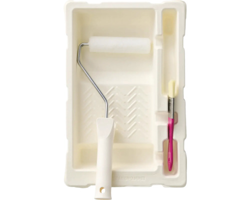 Farbschale mit Farbroller und Pinsel