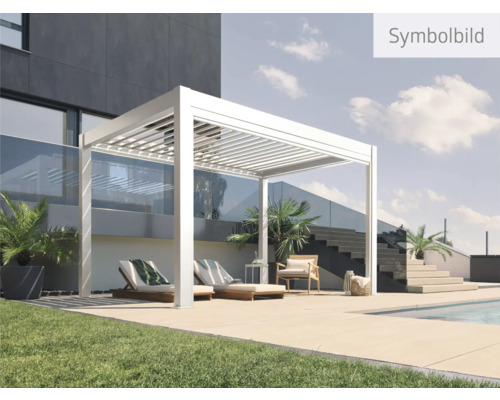 Abbildung einer modernen Pergola mit Liegestühlen auf einer Terrasse