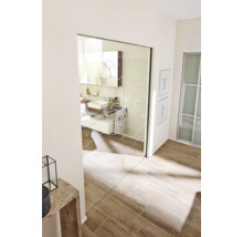 Salle de bains avec lavabo, armoire de toilette et porte coulissante en verre