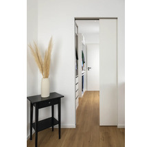 Couloir avec porte coulissante, étagère et table d'appoint noire avec décoration