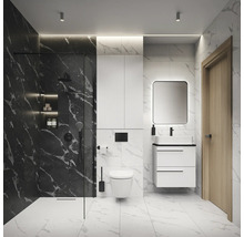 Salle de bain moderne avec douche, lavabo, miroir et toilettes.