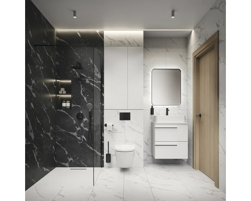 Modernes Badezimmer mit Dusche, Waschbeckenunterschrank, Spiegelschrank und Toilette.