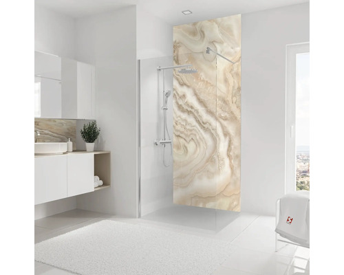 Duschrückwand SCHULTE DecoDesign Marmor-Creme Softtouch Marmoroptik 255 x 100 cm D19010254 833 Badezimmer mit Duschkabine, Waschbecken und Spiegel
