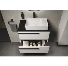 Waschtisch mit offenem Schubfach, Waschtischplatte in Marmoroptik und rechteckigem Aufsatzwaschbecken