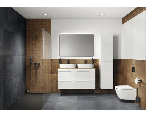 Badezimmer mit Dusche, Waschtisch mit zwei Waschbecken, Spiegelschrank, Hochschrank und Toilette.