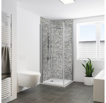 Salle de bain lumineuse avec douche, toilettes, radiateur et plante d'intérieur