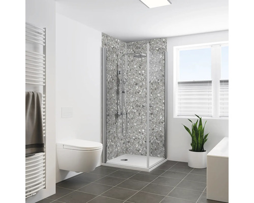 Panneau mural de douche BREUER Terrazzo mat satiné gris 255 x 150 cm 9482570000204 Salle de bain lumineuse avec douche, toilettes, radiateur et plante d'intérieur