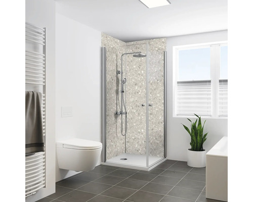 Panneau mural de douche BREUER Terrazzo mat satiné beige 210 x 150 cm 9482571000178 Salle de bains avec douche, toilettes et sèche-serviettes
