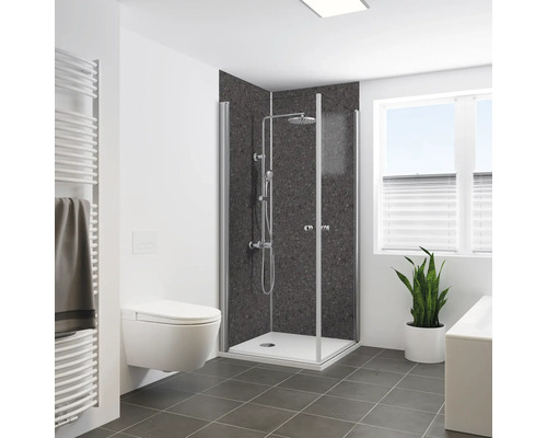 Duschrückwand BREUER Terrazzo Seidenmatt Anthrazit 210 x 125 cm 9482572000213 Modernes Badezimmer mit Dusche, Toilette, Heizkörper und Pflanze