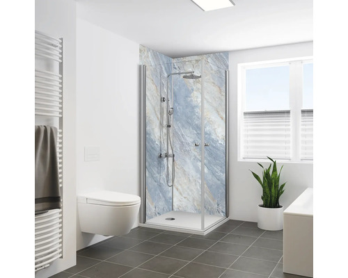 Duschrückwand BREUER Marmoroptik Seidenmatt Blau 210 x 150 cm 9482574000178 Modernes Badezimmer mit Duschkabine, Toilette und Handtuchwärmer