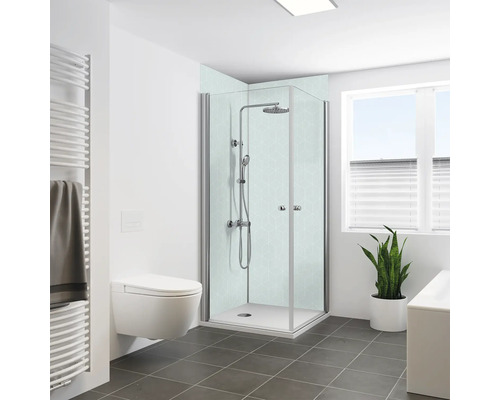 Panneau mural de douche BREUER hexagonal menthe mat satiné 255 x 100 cm 9482576000203 Salle de bains lumineuse avec douche, toilettes, radiateur et plante