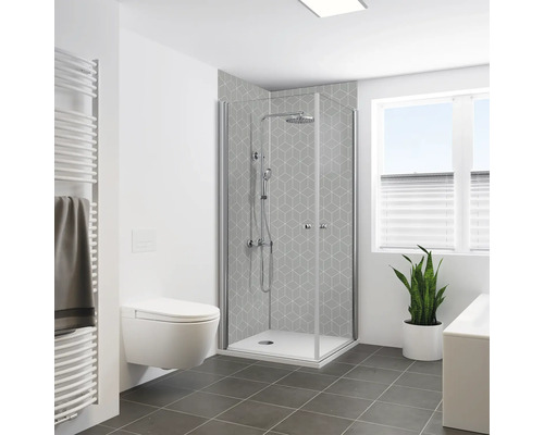 Panneau mural de douche BREUER hexagonal mat satiné gris 210 x 125 cm 9482577000213 Salle de bains avec douche d'angle, toilettes et radiateur