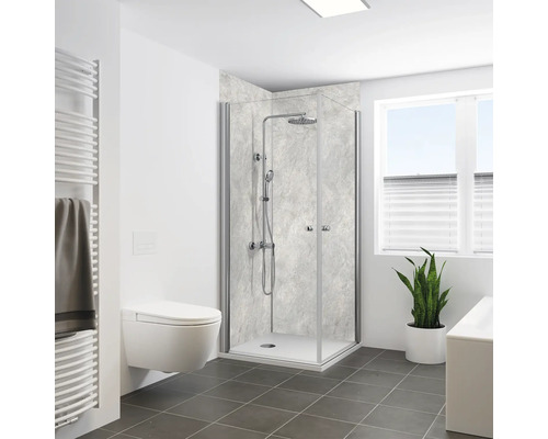 Panneau mural de douche BREUER aspect pierre nature gris argent 255 x 100 cm 9482583000203 Salle de bain moderne avec cabine de douche, WC et radiateur