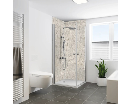 Salle de bain moderne avec cabine de douche, toilettes, sèche-serviettes et plante