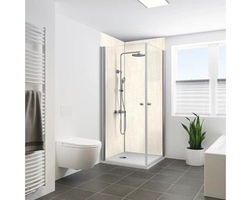 Panneau mural de douche BREUER aspect pierre travertin crème 210 x 125 cm 9482586000213 Salle de bain moderne avec cabine de douche, toilettes et radiateur