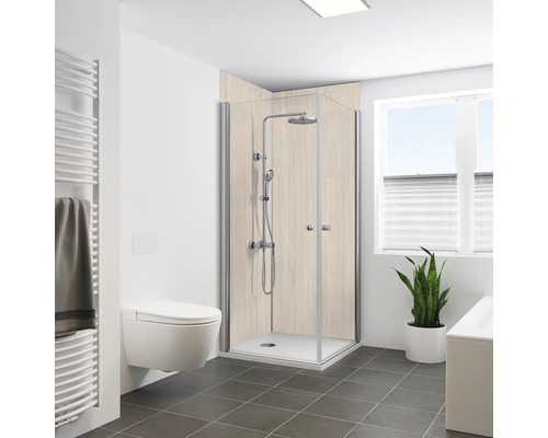 Panneau mural de douche BREUER aspect pierre travertin sable 210 x 100 cm 9482587000202 Salle de bains avec cabine de douche, toilettes et radiateur