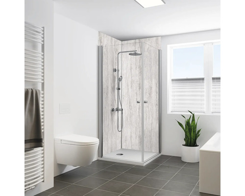 Duschrückwand BREUER Steinoptik Travertin Grau 210 x 150 cm 9482588000178 Badezimmer mit Duschkabine, Toilette und Heizkörper