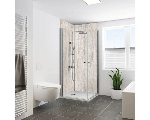Panneau mural de douche BREUER aspect pierre travertin beige 255 x 125 cm 9482590000198 Salle de bains avec cabine de douche, WC et radiateur