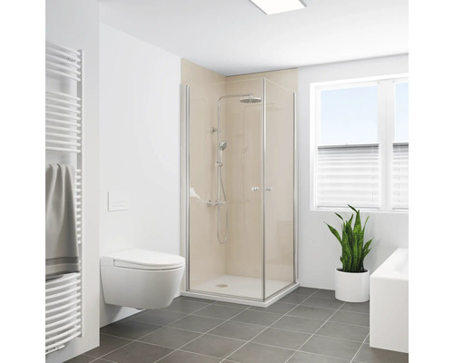 Panneau mural de douche BREUER haute brillance beige 210 x 100 cm 9482591000202 Salle de bains moderne avec cabine de douche, toilettes, sèche-serviettes et plante d'intérieur