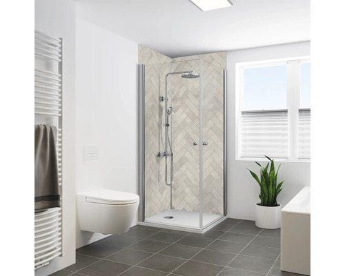 Duschrückwand BREUER Fischgräten Seidenmatt grau, beige 210 x 150 cm 9482592000178 Badezimmer mit Duschkabine, Toilette und Heizkörper