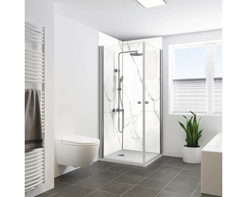 Panneau mural de douche BREUER aspect marbre Bianco mat satiné 255 x 100 cm 9482593000203 Salle de bains moderne avec cabine de douche, WC et sèche-serviettes