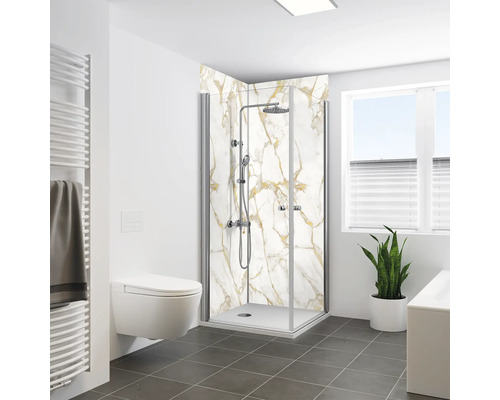 Salle de bains avec cabine de douche, WC et sèche-serviettes