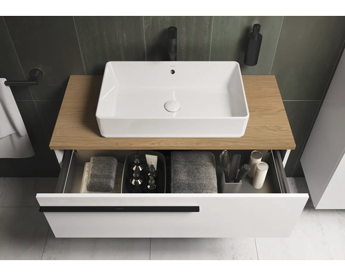 Modernes Badezimmer mit Waschtisch, Schublade und rechteckigem Aufsatzwaschbecken