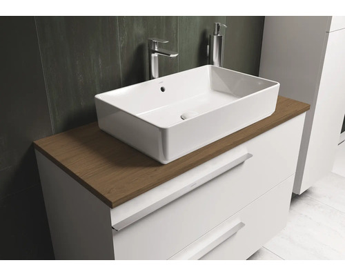 Vasque à poser rectangulaire sur meuble de salle de bain avec tiroirs