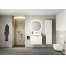 Modernes Badezimmer mit Dusche, Waschtisch mit Spiegel, Hängeschrank und Wandtoilette