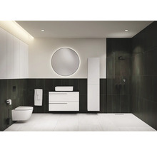 Salle de bain moderne avec toilettes, lavabo, armoire de toilette et douche