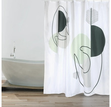 Badezimmer mit Badewanne und Duschvorhang mit grafischem Muster