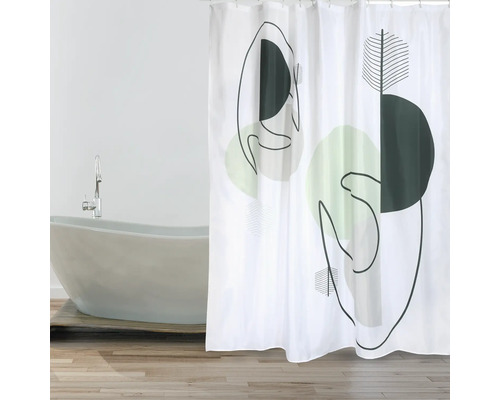 Badezimmer mit Badewanne und Duschvorhang mit grafischem Muster