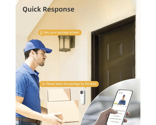 Sonnette vidéo intelligente près d'une porte d'entrée. Un livreur communique avec l'habitant via une application sur smartphone.