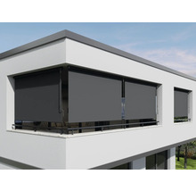 Dunkelgraue Balkonmarkisen an einem modernen Gebäude zum Sonnenschutz