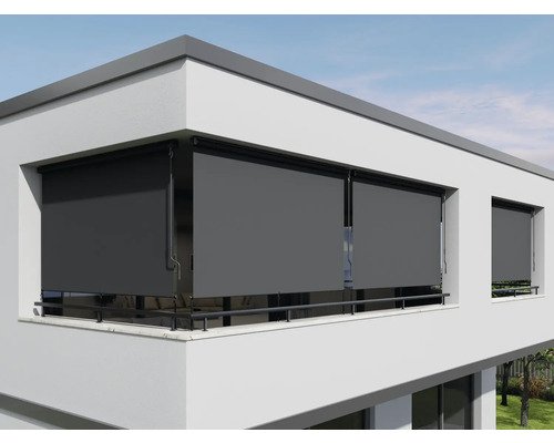 Dunkelgraue Balkonmarkisen an einem modernen Gebäude zum Sonnenschutz