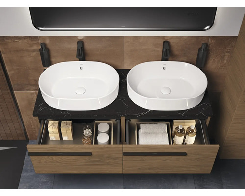Badezimmerwaschtisch mit zwei Becken, offenem Schubladensystem und schwarzer Arbeitsplatte