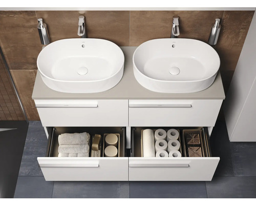 Waschtisch mit zwei Waschbecken und Schubladen zur Badezimmeraufbewahrung