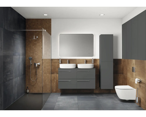 Modernes Badezimmer mit Dusche, Doppelwaschbecken und grauen Möbeln